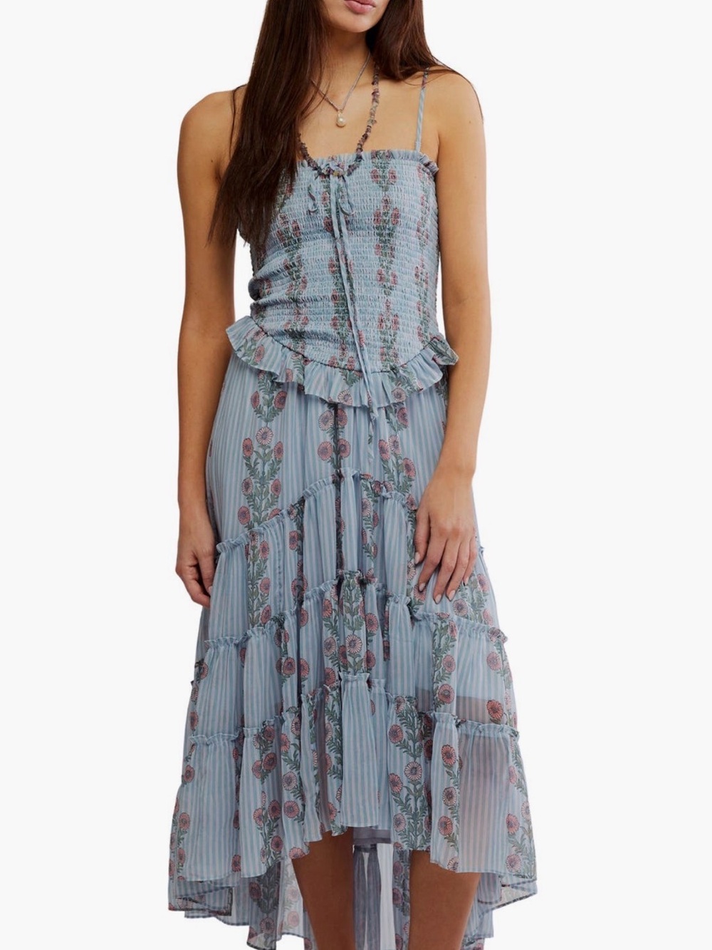 Free People Dusty Blue Floral High-Low Midi Dress